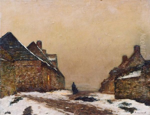 Winter Road In A Village In Northern France Oil Painting by Louis Braquaval