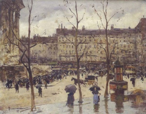 Place De La Madeleine, Sous La Pluie Oil Painting by Louis Braquaval