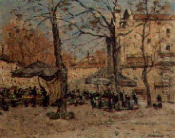 A Market Square Oil Painting by Louis Braquaval