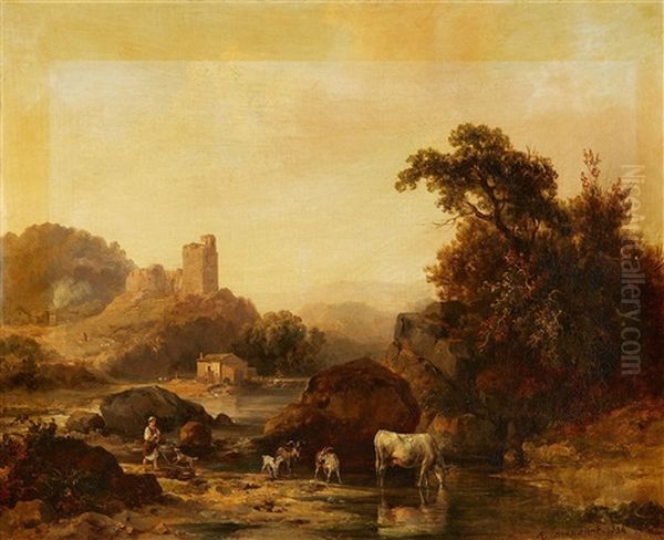 River Landscape With Castle Ruins And Cattle Oil Painting by Jacques Raymond Brascassat