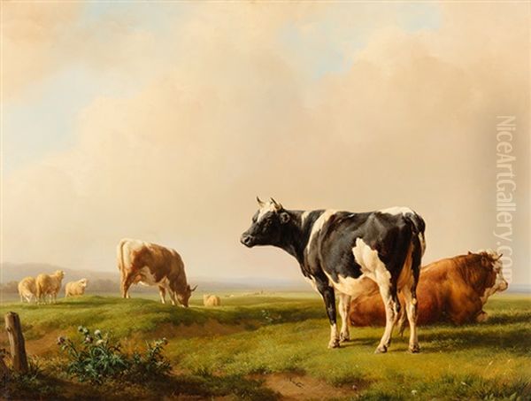 Weite Landschaft Mit Kuhen Und Schafen Oil Painting by Jacques Raymond Brascassat