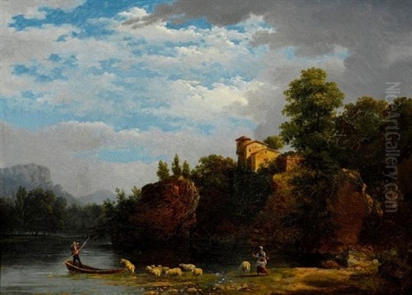 Pastoral Scene; Riverside Landscape (2 Works) Oil Painting by Jacques Raymond Brascassat