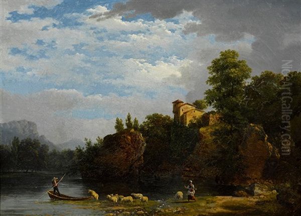 Pastoral Scene And Riverside Landscape, 1823 Oil Painting by Jacques Raymond Brascassat