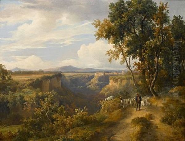 A Goatherder And His Flock In An Italianate Landscape, Possibly Faleria Oil Painting by Jacques Raymond Brascassat