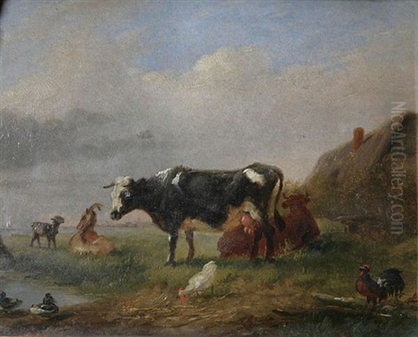 Vaches, Bouc, Poules Et Oiseaux Au Bord De La Rive Oil Painting by Jacques Raymond Brascassat