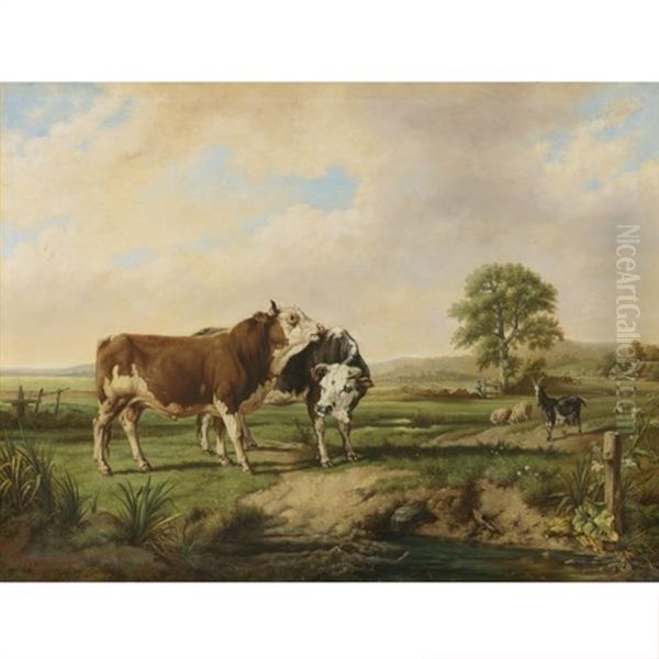 Bulls, Sheep, And A Goat At Pasture Oil Painting by Jacques Raymond Brascassat