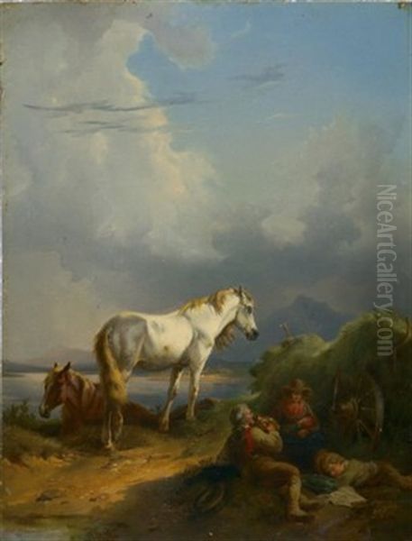 Fuchs Und Schimmel Mit Rastenden Bauern Am See Oil Painting by Jacques Raymond Brascassat