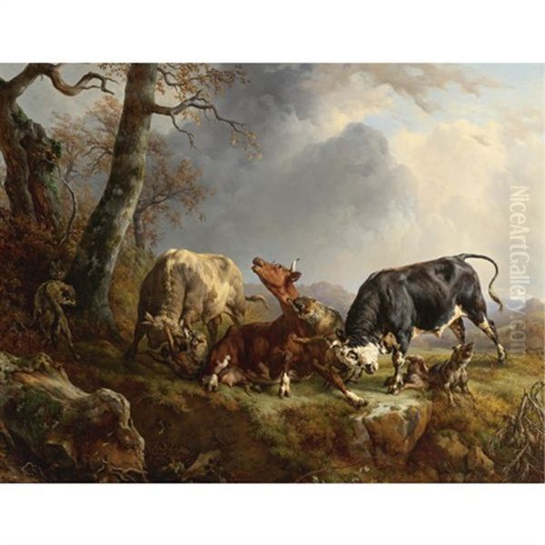 Two Bulls Defending A Cow Attacked By Wolves Oil Painting by Jacques Raymond Brascassat