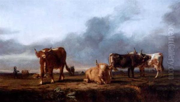 Cattle In A Meadow Oil Painting by Jacques Raymond Brascassat