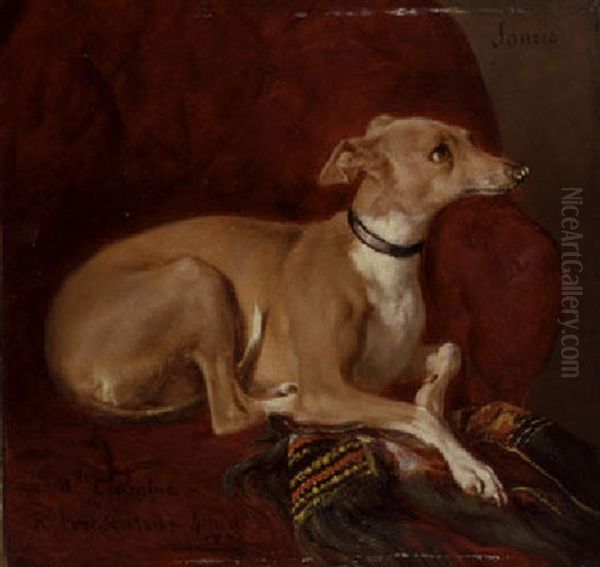 A Greyhound Resting On A Chair Oil Painting by Jacques Raymond Brascassat