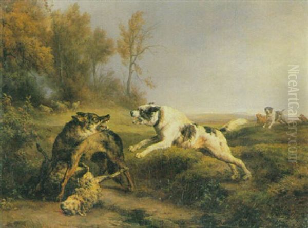 Wolf Beim Beutezug Und Hirtenhunde In Weiter Landschaft Oil Painting by Jacques Raymond Brascassat