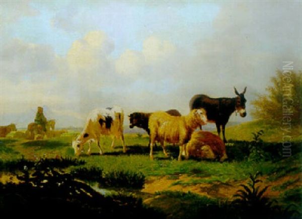 Moutons, Ane Et Chevres Au Bord Du Ruisseau Oil Painting by Jacques Raymond Brascassat