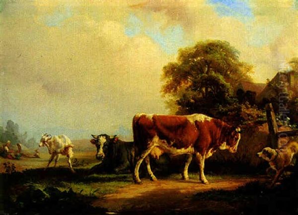 Cows Resting By A Cottage Fence Oil Painting by Jacques Raymond Brascassat