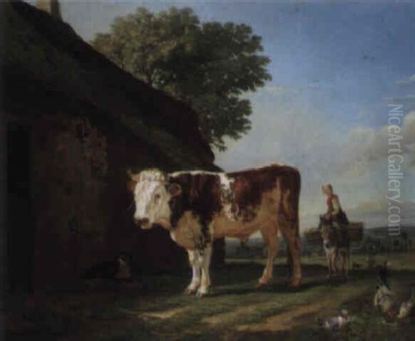 Taureau Pres D'une Ferme Oil Painting by Jacques Raymond Brascassat