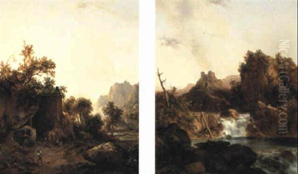 Wooded Mountainous Landscape With Charcoal Burners Near A River Oil Painting by Jacques Raymond Brascassat