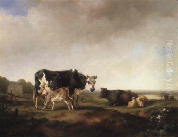 Cattle Before A French Chateau Oil Painting by Jacques Raymond Brascassat