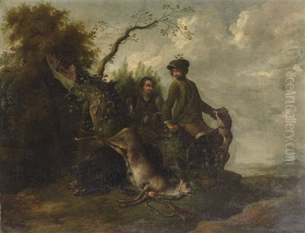 Deux Chasseurs Avec Un Trophee De Brocard Et De Sangliers Oil Painting by Magnus Brasch