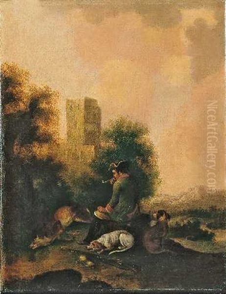 Zwei Gemalde Mit Hofischen Jagern, Hunden Und Erlegtem Wild Oil Painting by Magnus Brasch