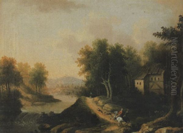 Bewaldete Flusslandschaft Mit Reitenden Jagern Und Hunden Oil Painting by Magnus Brasch