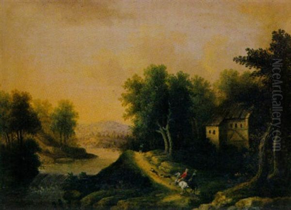 Bewaldete Flusslandschaft Mit Reitenden Jagern Und Hunden Oil Painting by Magnus Brasch