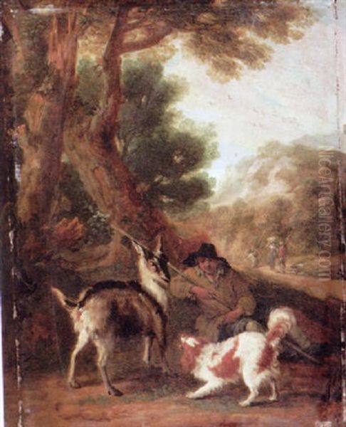 A Goatherd Resting Beside His Kid And Spaniel Oil Painting by Magnus Brasch