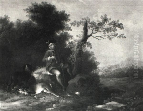 Ein Rastender Jager Mit Seinem Hund In Einer Waldlandschaft Oil Painting by Magnus Brasch