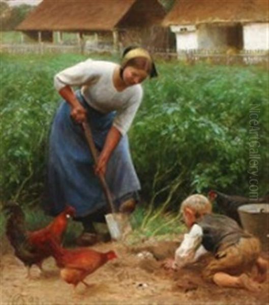 A Peasant Woman And Her Son Digging In The Garden Oil Painting by Hans Ole Brasen