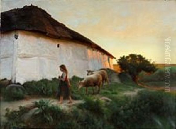 Ved Den Gamle Gaard, Sommeraften Oil Painting by Hans Ole Brasen