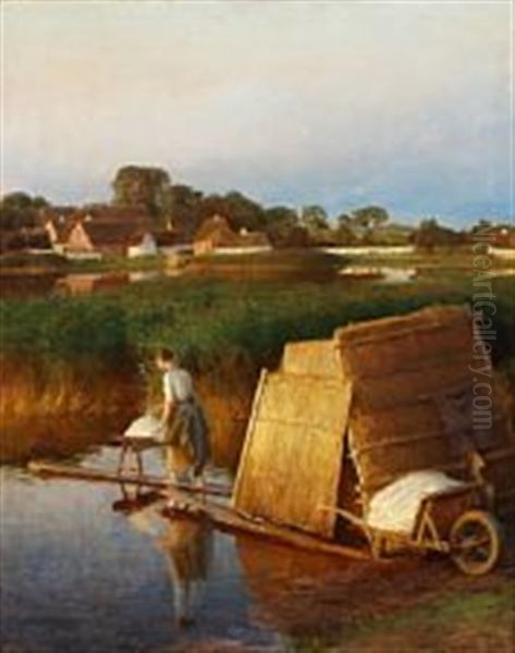 A Spring Day At The Bleaching Ground At Sorup Oil Painting by Hans Ole Brasen