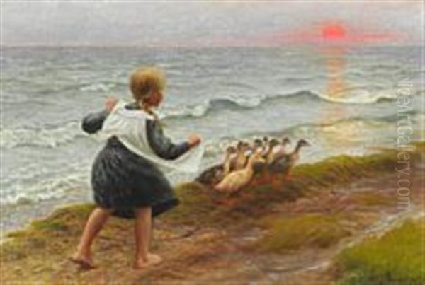 A Little Girl Chasing Ducks On The Beach At Sunset Oil Painting by Hans Ole Brasen