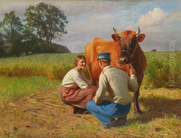 La Traite De La Vache En Galante Compagnie Oil Painting by Hans Ole Brasen