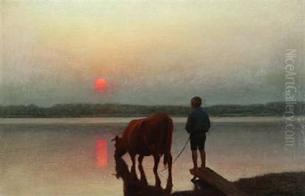 A Boy Watering His Cow In The Last Rays Of The Setting Sun Oil Painting by Hans Ole Brasen