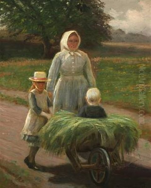 Mother With Her Children And A Wheelbarrow Oil Painting by Hans Ole Brasen