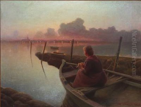 Sunset Coastal Scene With A Woman In A Rowboat Oil Painting by Hans Ole Brasen