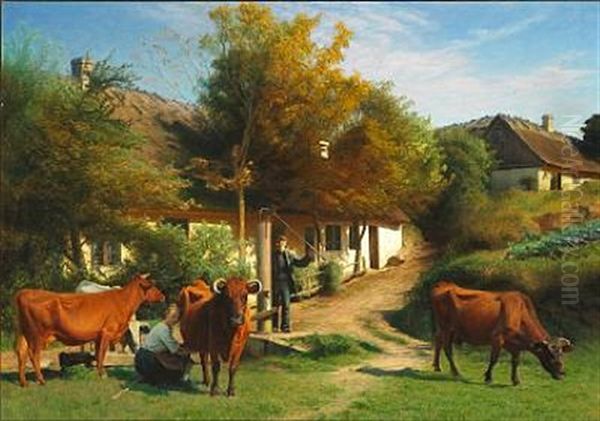 Summer Day With Milkmaid And Cows Oil Painting by Hans Ole Brasen