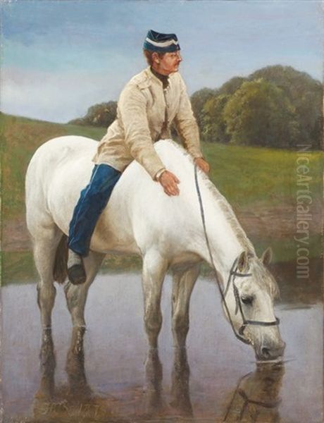 Cavalier Militaire Abreuvant Son Cheval Oil Painting by Hans Ole Brasen