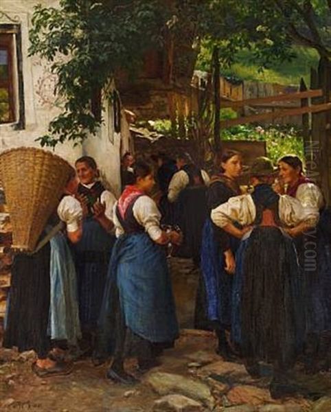 Women Chatting In Sarntal By Botz, Tyrol Oil Painting by Hans Ole Brasen