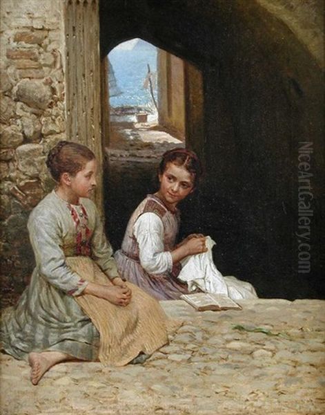 Two Italian Girls Sewing By A Window Over The Mediterranean Oil Painting by Hans Ole Brasen