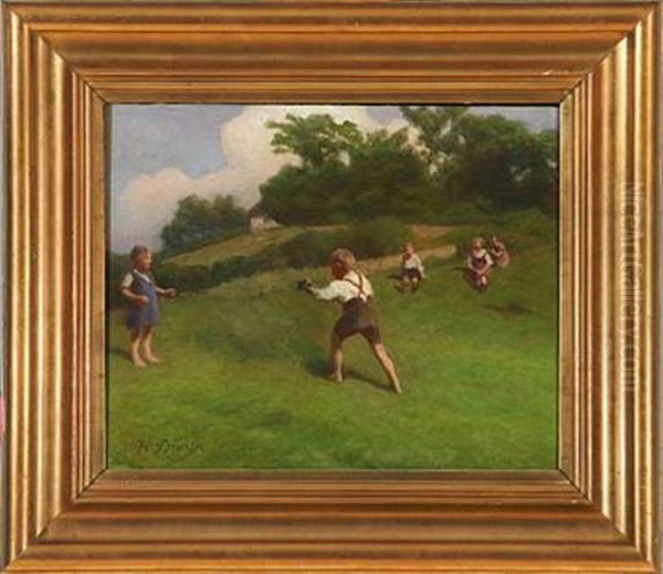 Playing Children On A Grass Field Oil Painting by Hans Ole Brasen