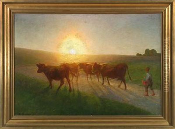 Cows Are Brought Home At Sunset Oil Painting by Hans Ole Brasen