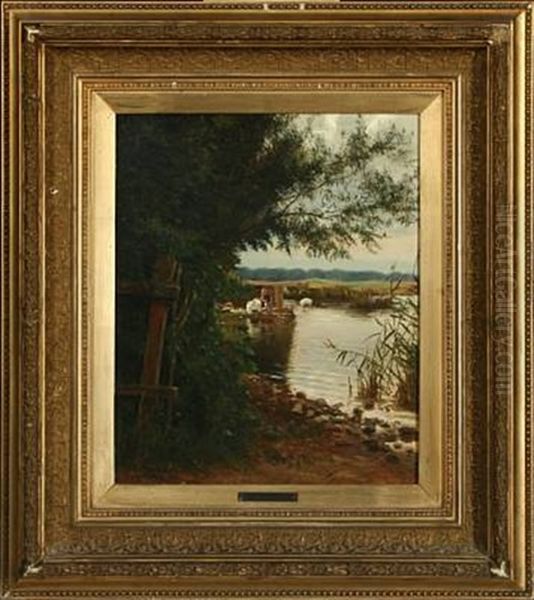 A Woman Washing Clothes By The Lake Shore Oil Painting by Hans Ole Brasen