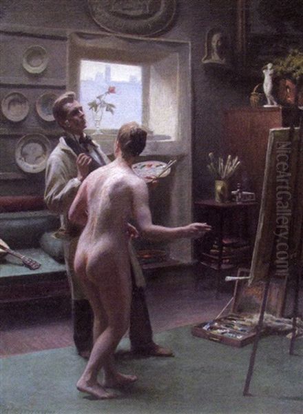 Le Peintre Et Son Modele Dans L'atelier Oil Painting by Hans Ole Brasen