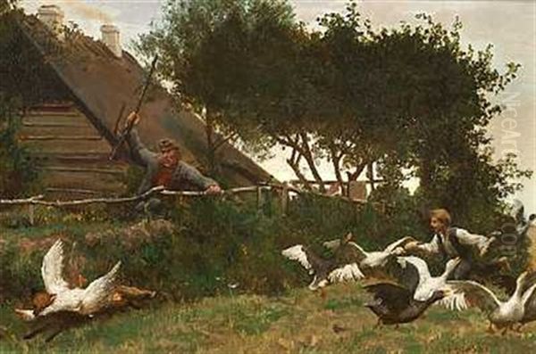 Far Og Son Forsoger At Redde Gaessene Fra Raeven Oil Painting by Hans Ole Brasen