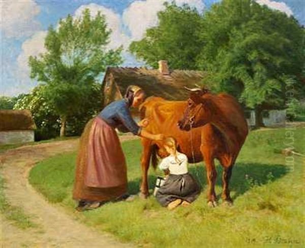 Ung Pige Der Laerer At Malke En Ko En Solrig Sommerdag Oil Painting by Hans Ole Brasen