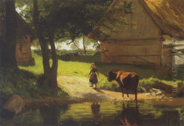 En Lille Pige Med En Rod Ko Ved Vandingsstedet Oil Painting by Hans Ole Brasen