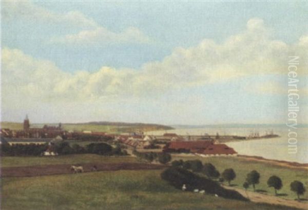 Udsigt Over By Med Kirke Og Havn, I Forgrunden Marker Oil Painting by Hans Ole Brasen