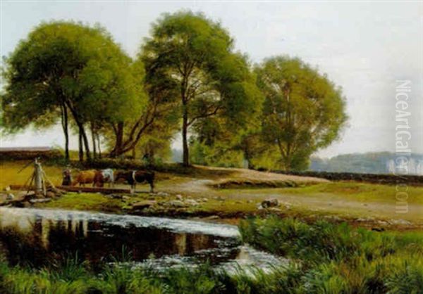 Dansk Sommerlandskab Med Bondepige, Der Vander Koerne Oil Painting by Hans Ole Brasen