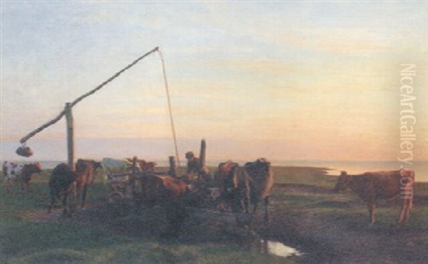 Cattle Watering At Sunrise Oil Painting by Hans Ole Brasen