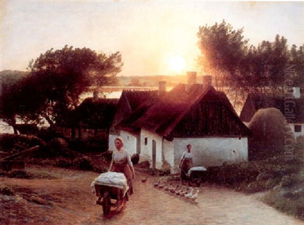 Sorup Ved Esrum So. Sommeraften, I Forgrunden Unge Piger Der Bringer Vasketojet Hjem Oil Painting by Hans Ole Brasen