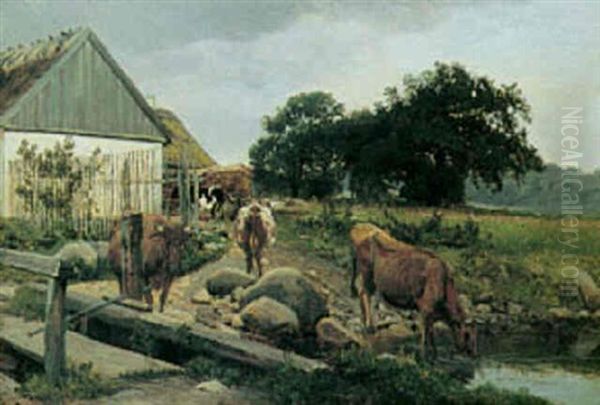 Koer Ved Et Vandingssted Bag En Gard Oil Painting by Hans Ole Brasen